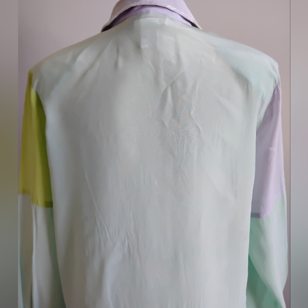 Diane Gilman Silk Beaded Button Up Blouse Pastel Chartreuse Lilac Size Medium - Picture 10 of 14